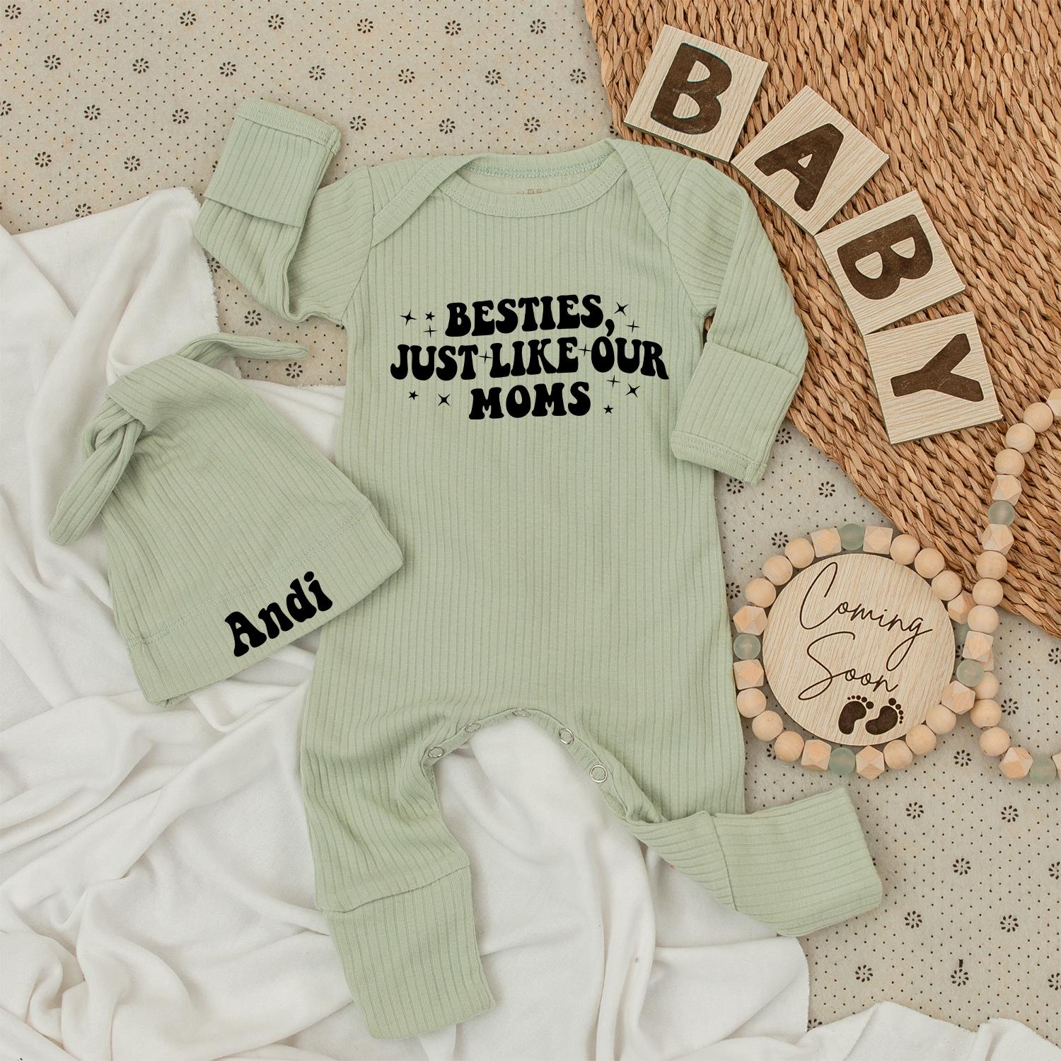 Besties Just Like Our Moms Baby Bodysuit & Hat Set Sweet Handwriting Design Newborn Going Home Outfit Vintage Baby Shower Gift Idea