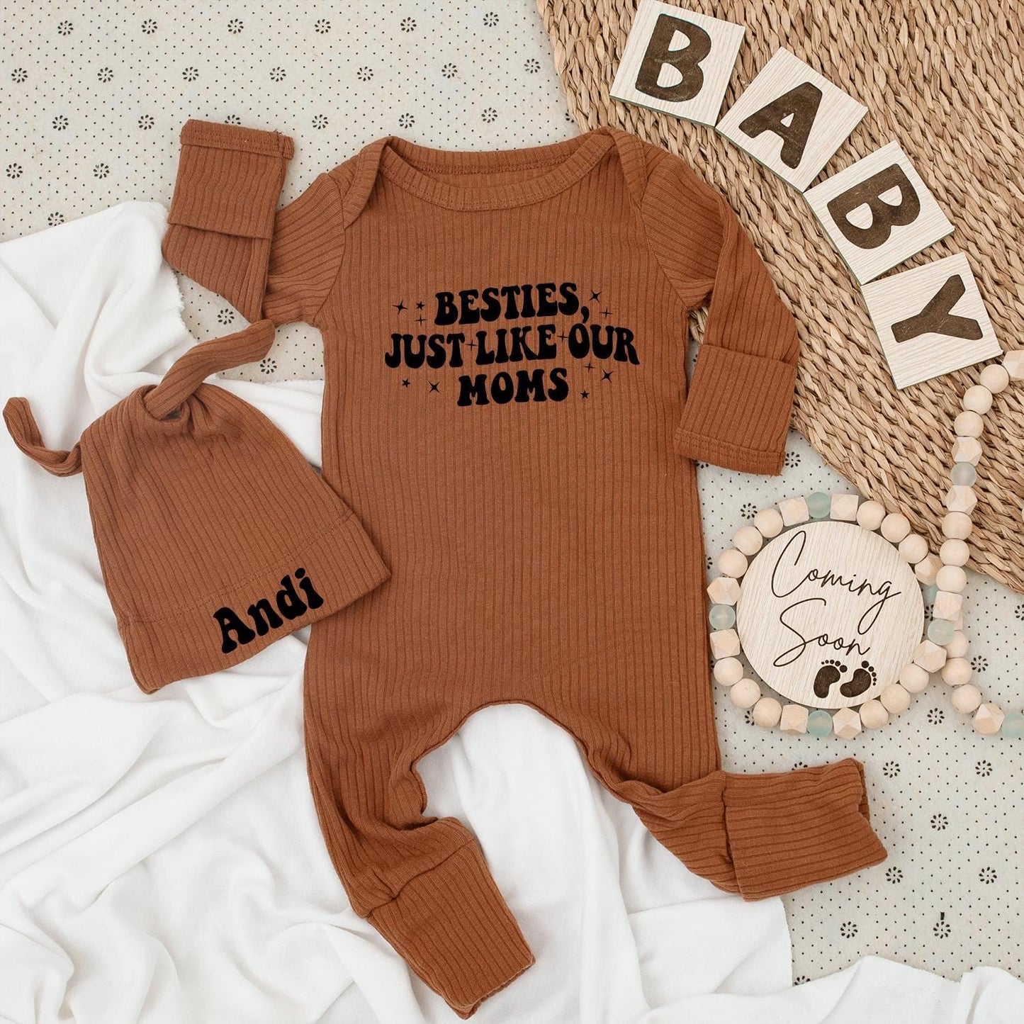 Besties Just Like Our Moms Baby Bodysuit & Hat Set Sweet Handwriting Design Newborn Going Home Outfit Vintage Baby Shower Gift Idea