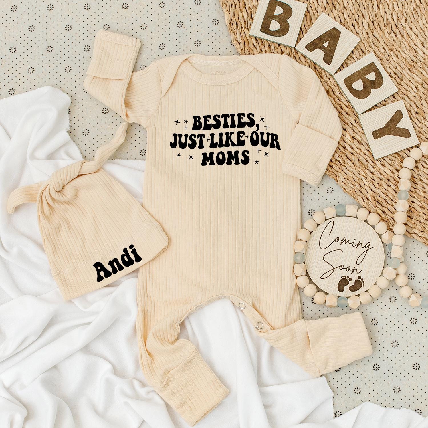 Besties Just Like Our Moms Baby Bodysuit & Hat Set Sweet Handwriting Design Newborn Going Home Outfit Vintage Baby Shower Gift Idea