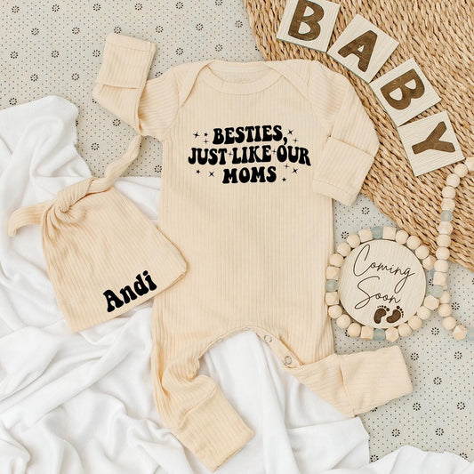 Besties Just Like Our Moms Baby Bodysuit & Hat Set Sweet Handwriting Design Newborn Going Home Outfit Vintage Baby Shower Gift Idea