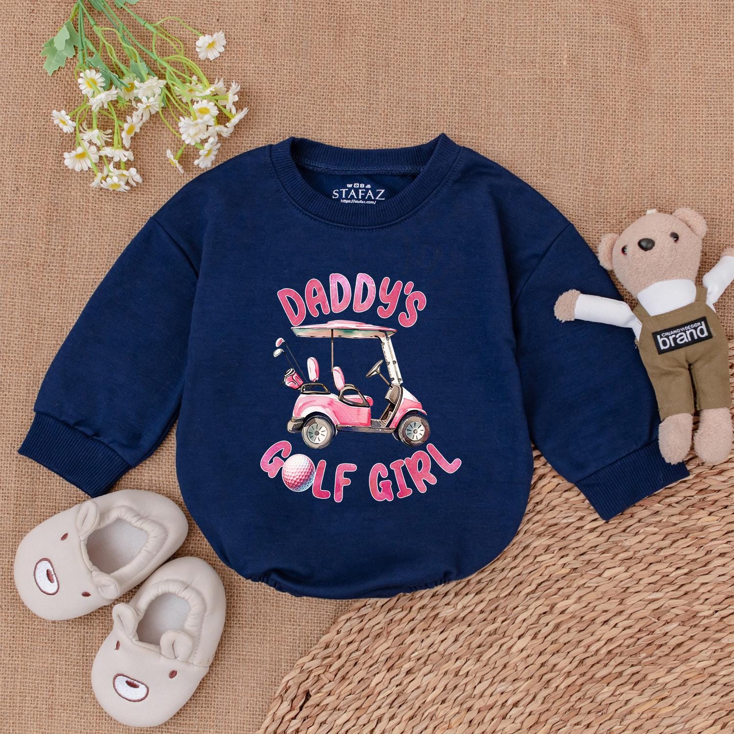 Daddy's Golf Girl Bubble Romper Watercolor Pink Golf Cart & Clubs Outfit for Future Golfers & Daddy's Golfing Buddies