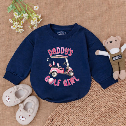 Daddy's Golf Girl Bubble Romper Watercolor Pink Golf Cart & Clubs Outfit for Future Golfers & Daddy's Golfing Buddies