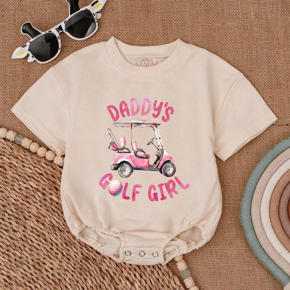 Daddy's Golf Girl Bubble Romper Watercolor Pink Golf Cart & Clubs Outfit for Future Golfers & Daddy's Golfing Buddies