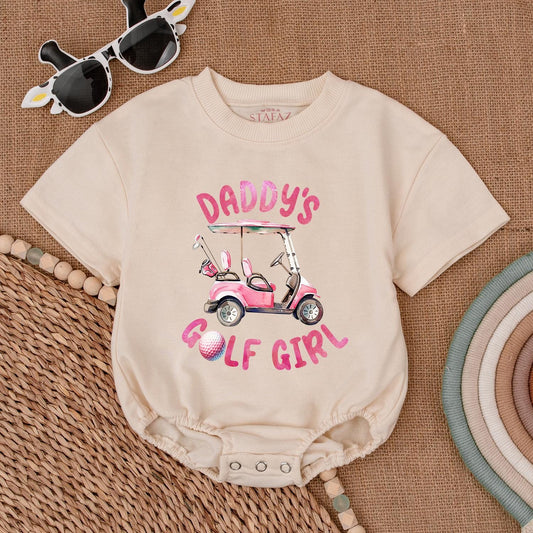 Daddy's Golf Girl Bubble Romper Watercolor Pink Golf Cart & Clubs Outfit for Future Golfers & Daddy's Golfing Buddies