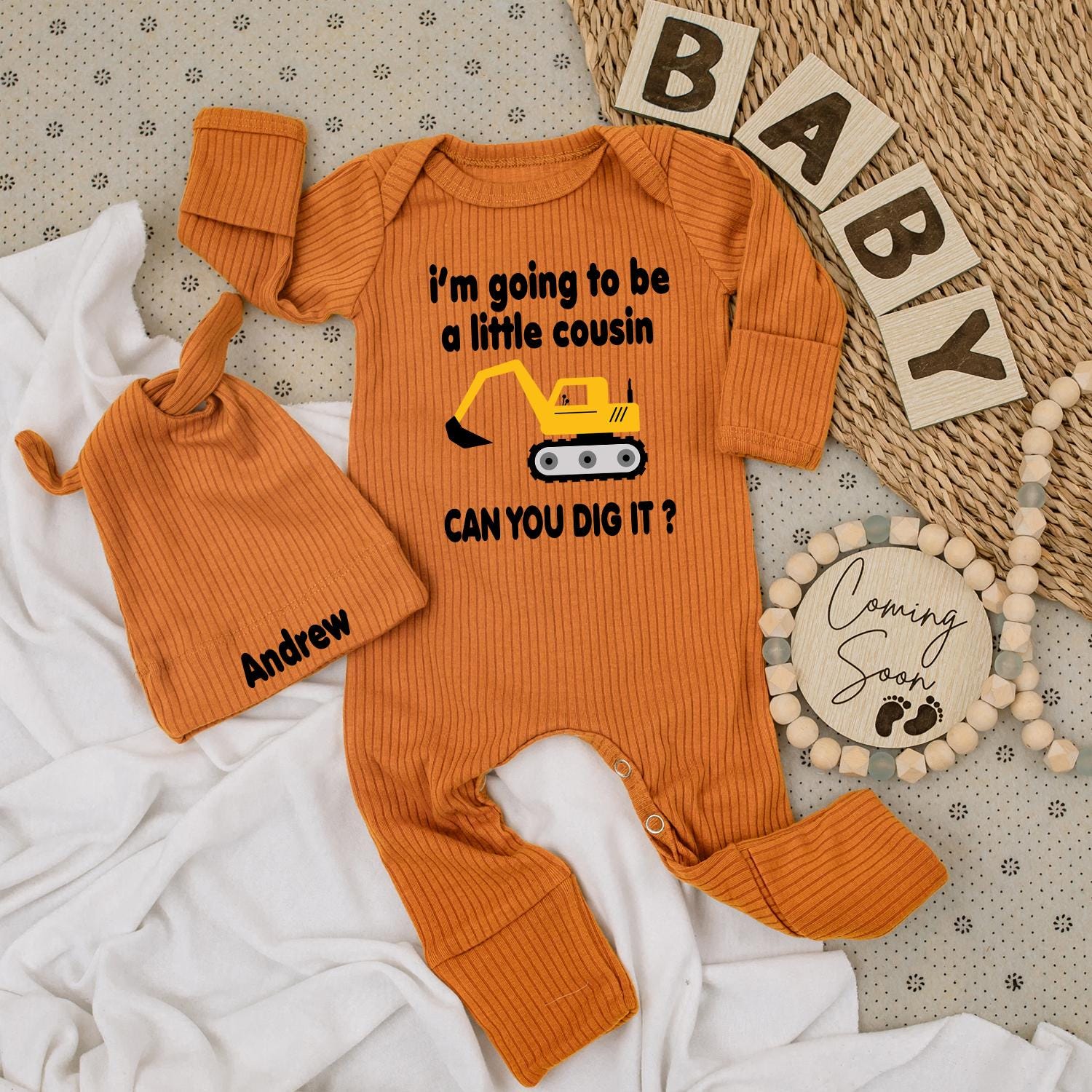 Little Cousin Construction Bodysuit & Hat Set "Can You Dig It?" Yellow Vehicle Baby Outfit Gift for Nephew Andrew