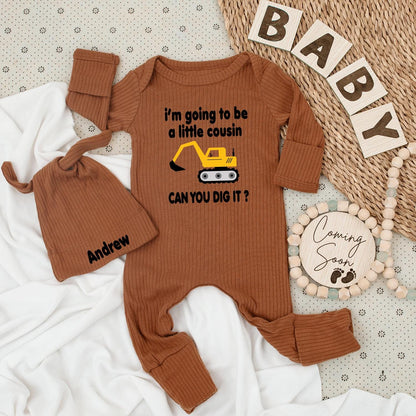 Little Cousin Construction Bodysuit & Hat Set "Can You Dig It?" Yellow Vehicle Baby Outfit Gift for Nephew Andrew