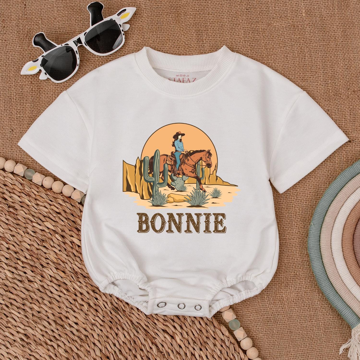 Bonnie's Retro Cowgirl Romper Western Horse Sunset Desert Toddler Baby Girl First Rodeo Birthday Outfit