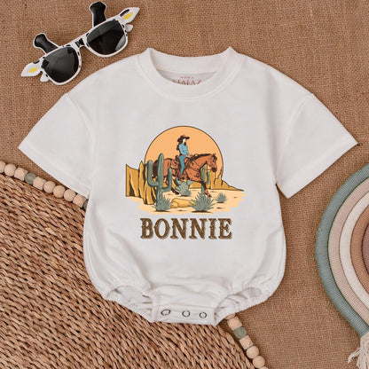 Bonnie's Retro Cowgirl Romper Western Horse Sunset Desert Toddler Baby Girl First Rodeo Birthday Outfit