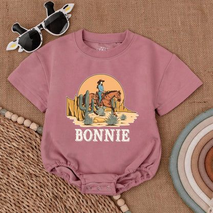 Bonnie's Retro Cowgirl Romper Western Horse Sunset Desert Toddler Baby Girl First Rodeo Birthday Outfit