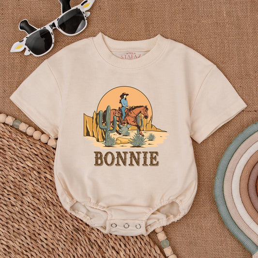 Bonnie's Retro Cowgirl Romper Western Horse Sunset Desert Toddler Baby Girl First Rodeo Birthday Outfit