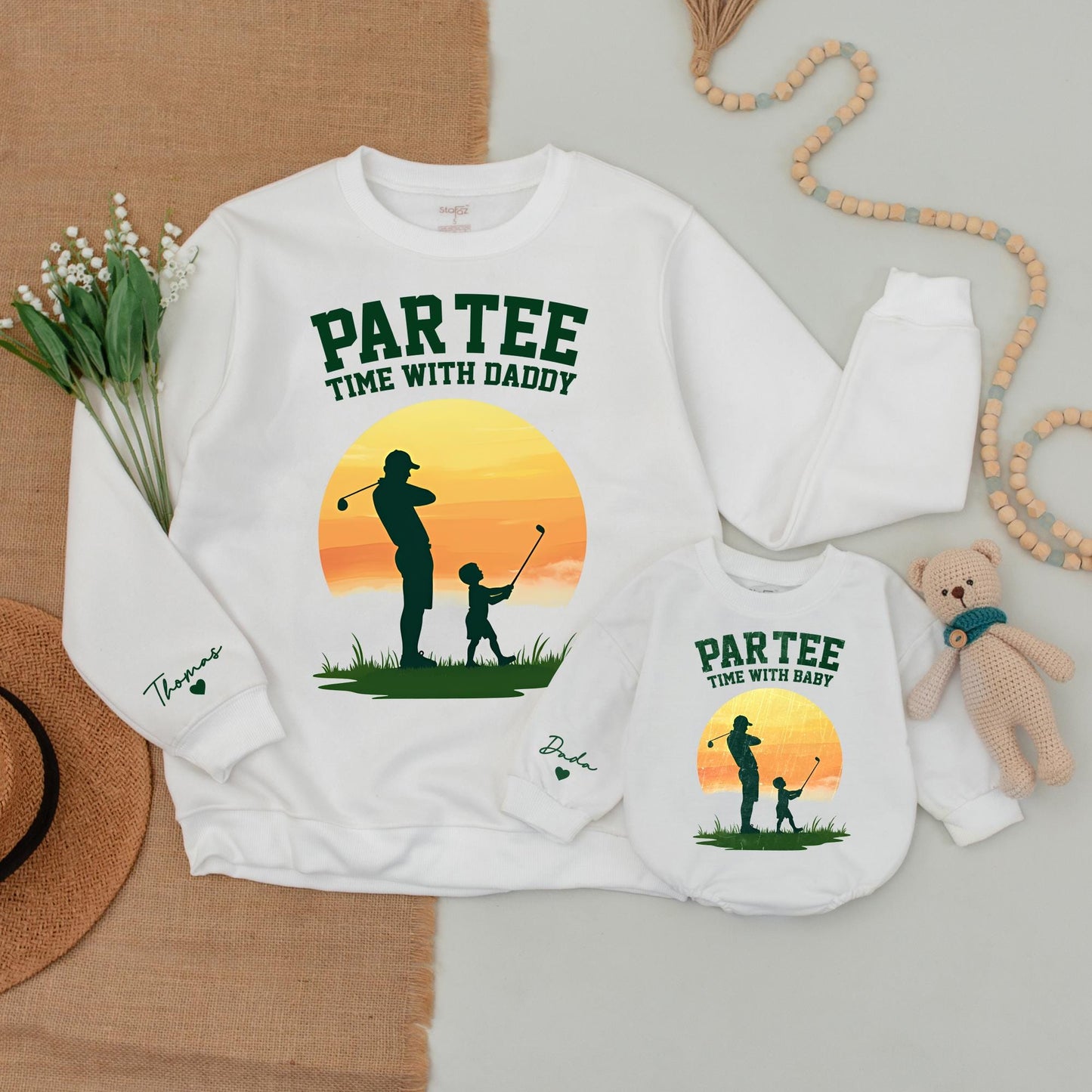 Custom "Par-Tee Time with Daddy" Golf Matching Shirt Personalized with Names Dada Thomas Green Sunset Orange