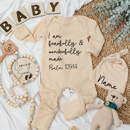 Fearfully Made Baby Bodysuit Psalm 139:14 Christian Newborn Romper Set Simple Modern Black Text Unisex Gift Coming Home Outfit Shower Present 138chars