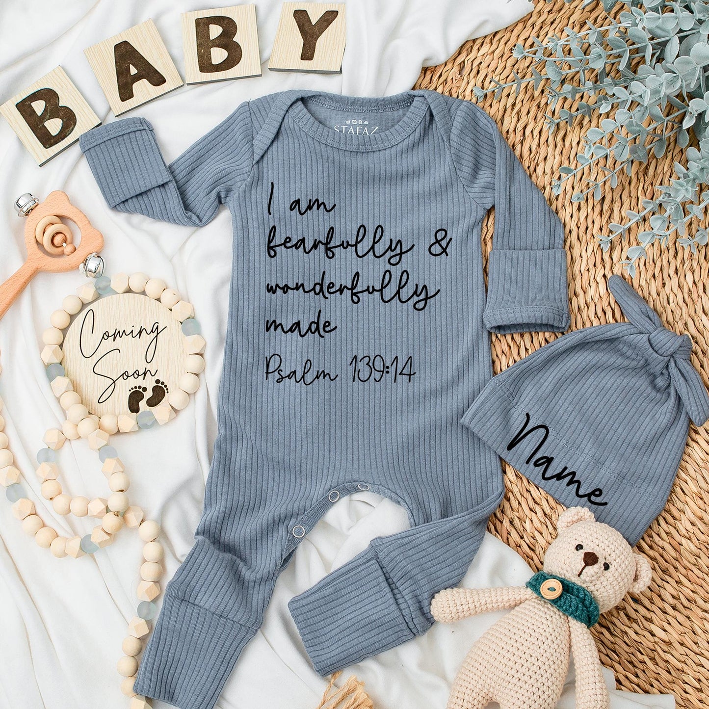 Fearfully Made Baby Bodysuit Psalm 139:14 Christian Newborn Romper Set Simple Modern Black Text Unisex Gift Coming Home Outfit Shower Present 138chars