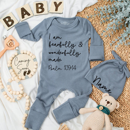 Fearfully Made Baby Bodysuit Psalm 139:14 Christian Newborn Romper Set Simple Modern Black Text Unisex Gift Coming Home Outfit Shower Present 138chars