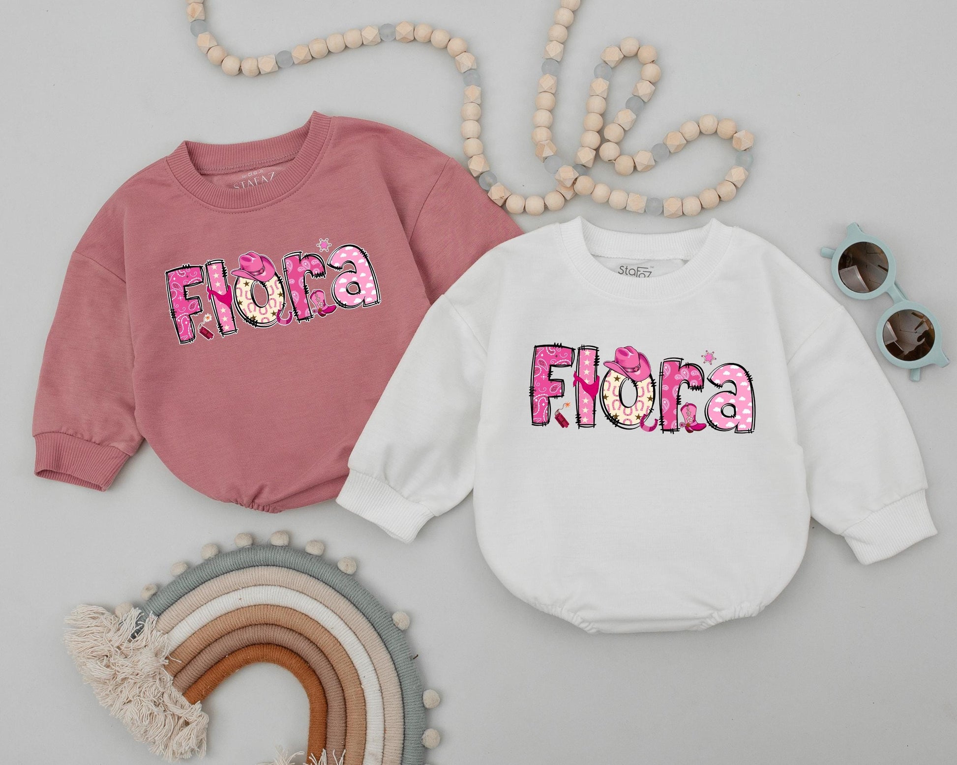 Flora Western Cowgirl 1st Birthday Romper Baby Girl Outfit Custom Name Design Western Baby Clothes