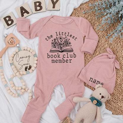 Littlest Book Club Member Baby Bodysuit & Hat Set, Custom Name Newborn Outfit Gift, Floral Book Design Baby Girl or Boy Announcement