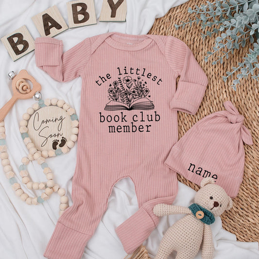 Littlest Book Club Member Baby Bodysuit & Hat Set, Custom Name Newborn Outfit Gift, Floral Book Design Baby Girl or Boy Announcement