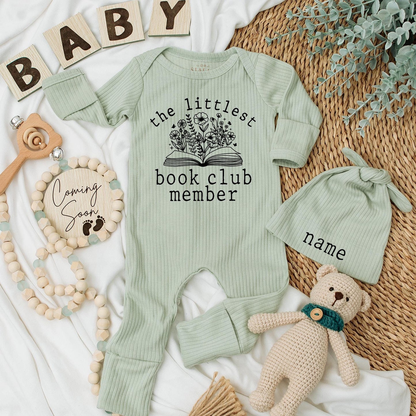 Littlest Book Club Member Baby Bodysuit & Hat Set, Custom Name Newborn Outfit Gift, Floral Book Design Baby Girl or Boy Announcement
