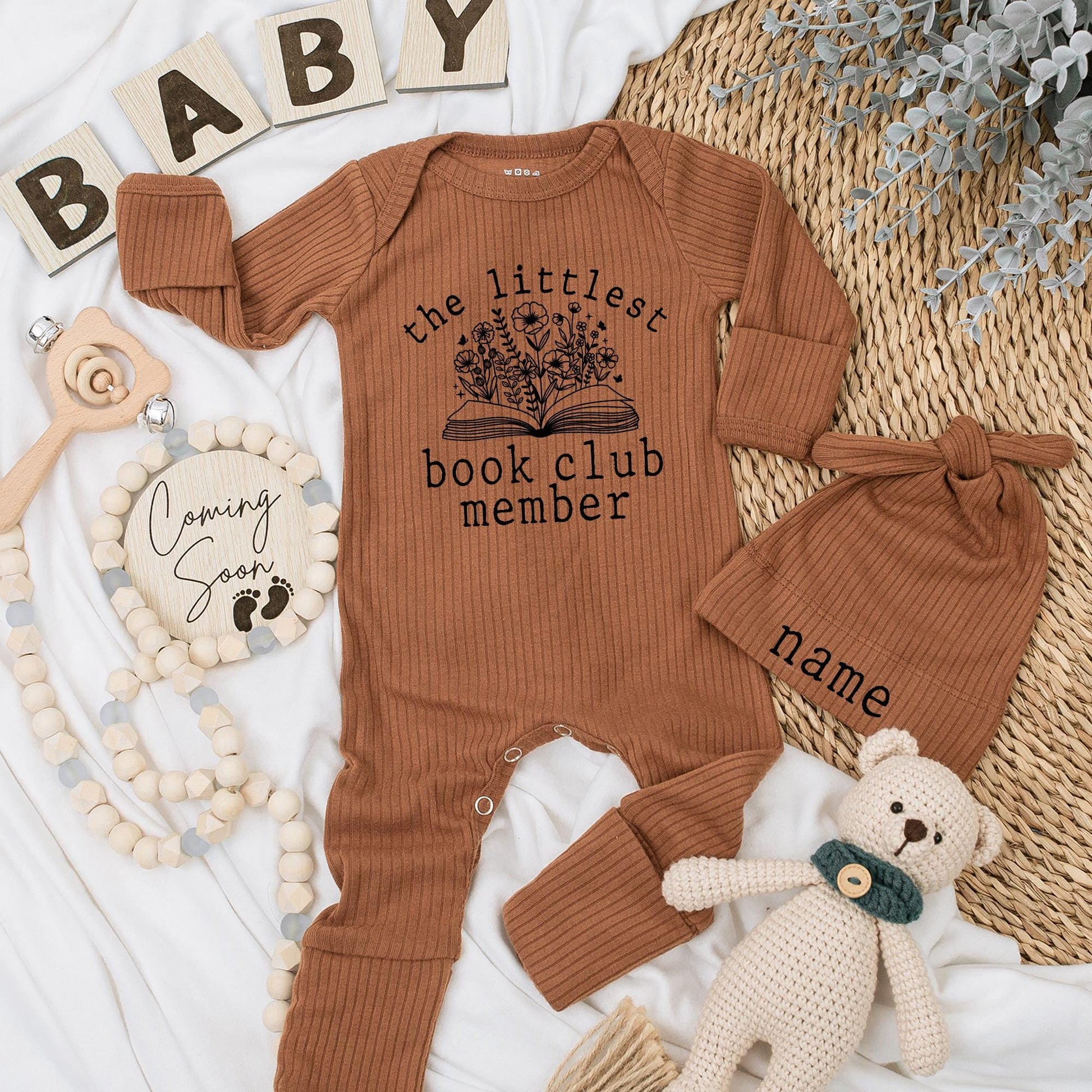 Littlest Book Club Member Baby Bodysuit & Hat Set, Custom Name Newborn Outfit Gift, Floral Book Design Baby Girl or Boy Announcement