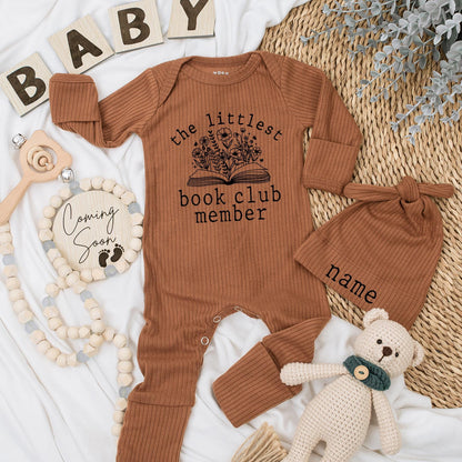 Littlest Book Club Member Baby Bodysuit & Hat Set, Custom Name Newborn Outfit Gift, Floral Book Design Baby Girl or Boy Announcement