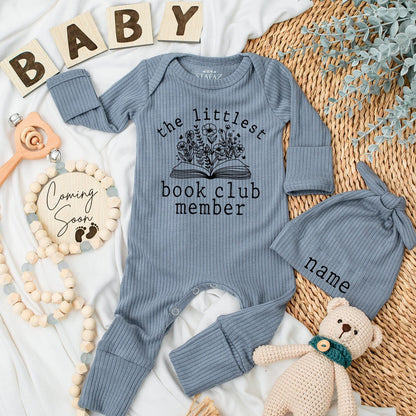Littlest Book Club Member Baby Bodysuit & Hat Set, Custom Name Newborn Outfit Gift, Floral Book Design Baby Girl or Boy Announcement