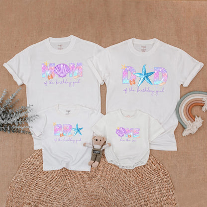 Whimsical Mermaid Birthday Family Shirts Pastel Purple Pink Blue Scale Crab Starfish Shells Mom Dad Birthday Girl Outfit Matching