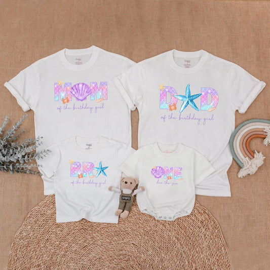 Whimsical Mermaid Birthday Family Shirts Pastel Purple Pink Blue Scale Crab Starfish Shells Mom Dad Birthday Girl Outfit Matching