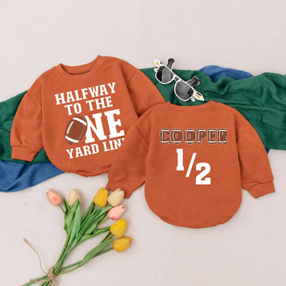 Personalized Halfway To The One Yard Line 6 Month Baby Romper Half Birthday Outfit Football Season Bodysuit Comfortable Infant Celebration Gift Idea