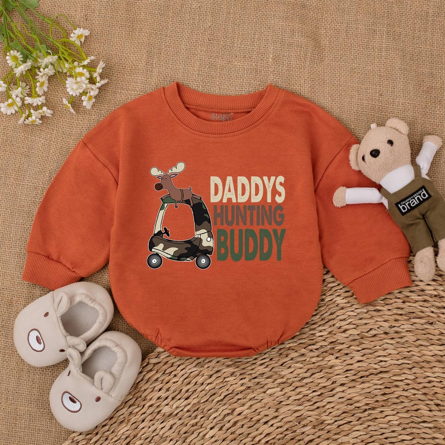 Daddy's Hunting Buddy Baby Romper Boy Bodysuit Camo Golf Cart Moose Design Baby Shower Gift Hunting Outfit