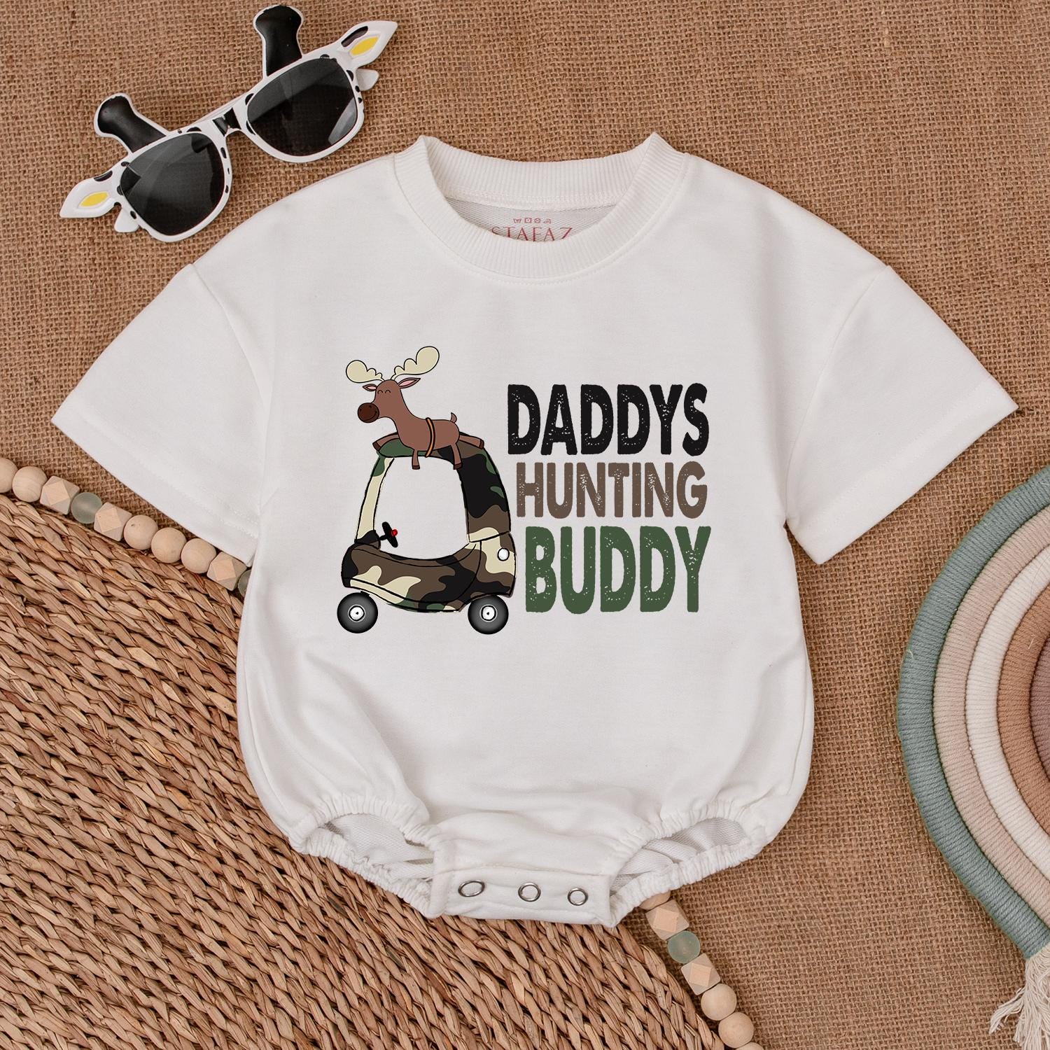 Daddy's Hunting Buddy Baby Romper Boy Bodysuit Camo Golf Cart Moose Design Baby Shower Gift Hunting Outfit