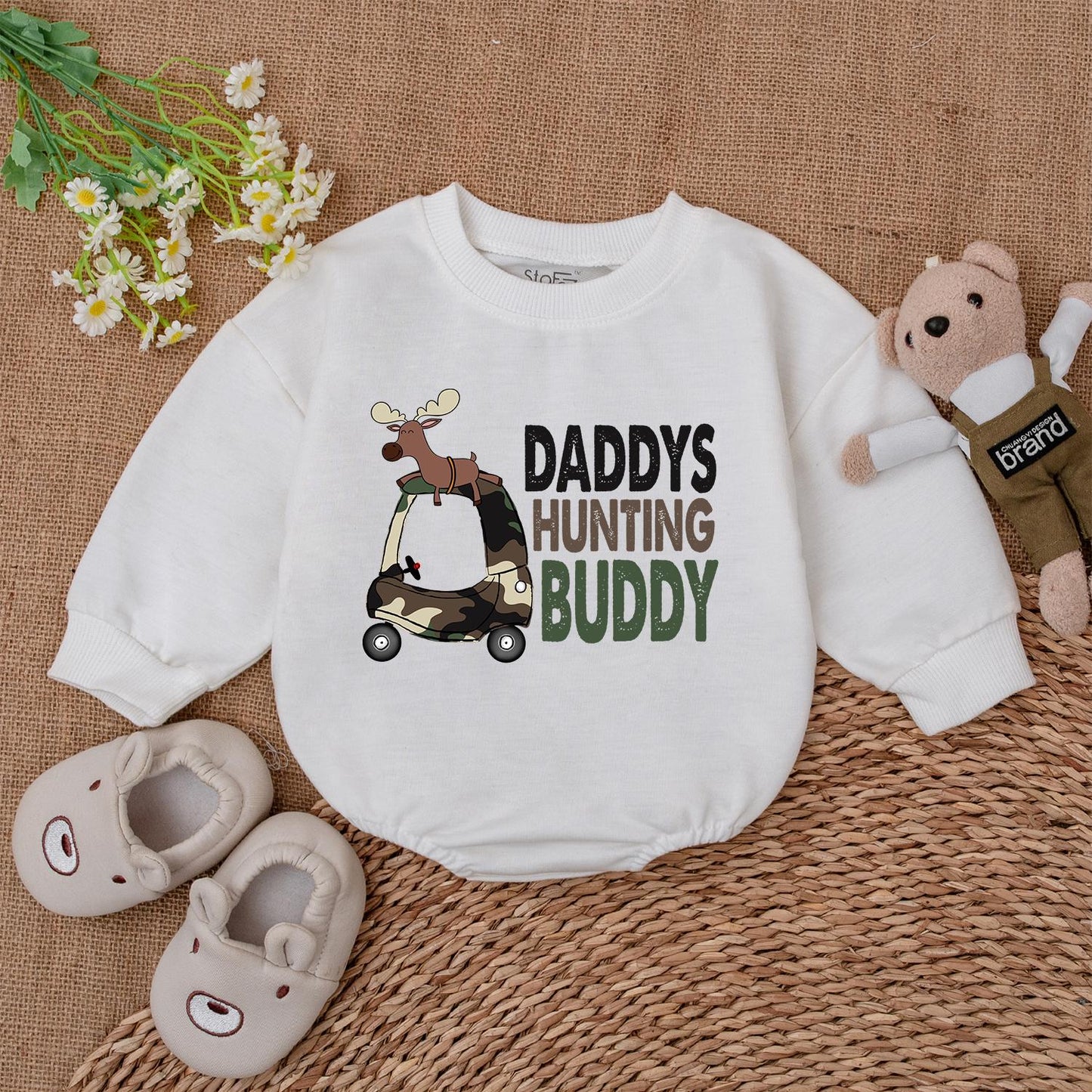 Daddy's Hunting Buddy Baby Romper Boy Bodysuit Camo Golf Cart Moose Design Baby Shower Gift Hunting Outfit