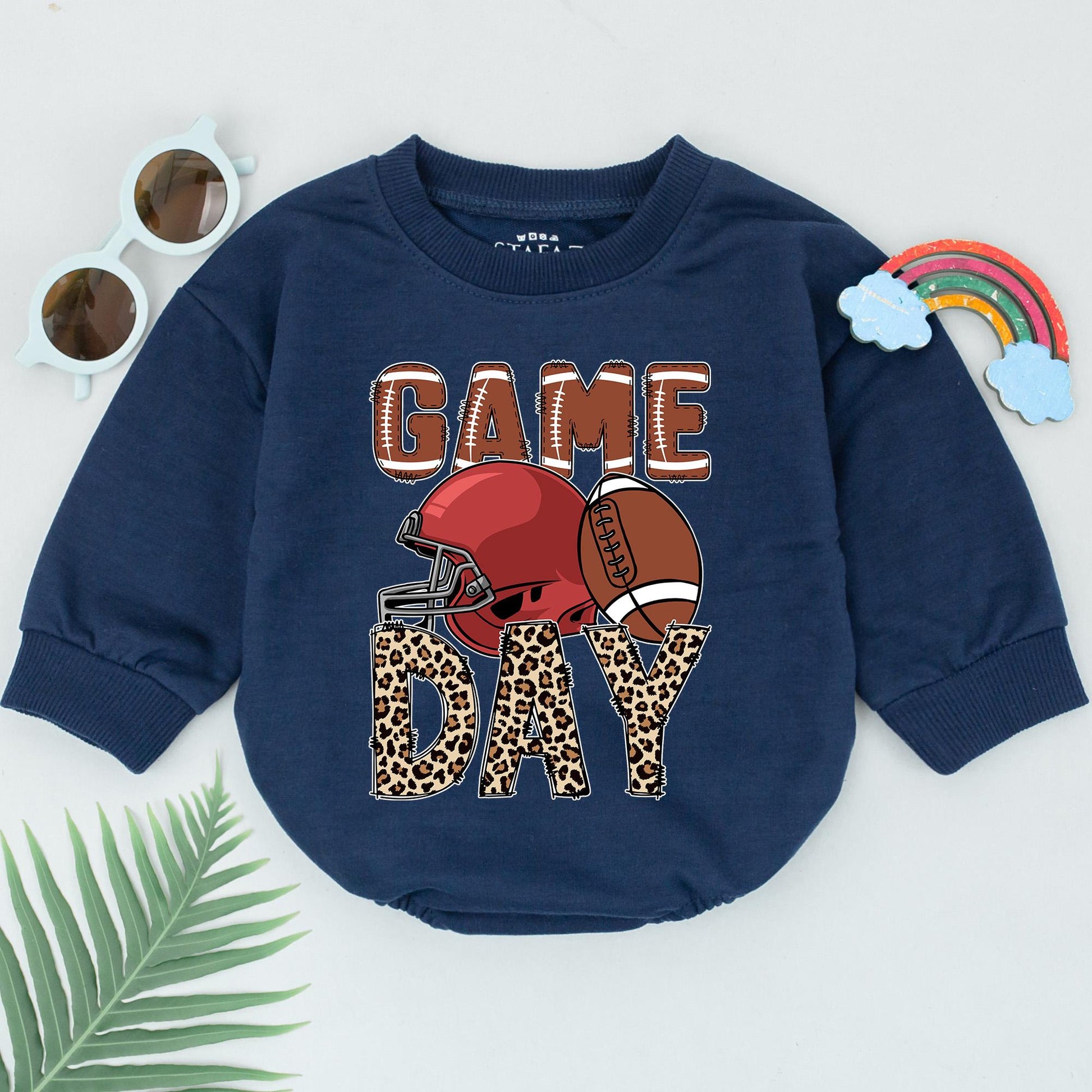 Retro Game Day Romper Personalized Football Baby Outfit Natural Bubble Style for Baby Girl Little Kid Football Season Clothes, Custom Gift 139char
