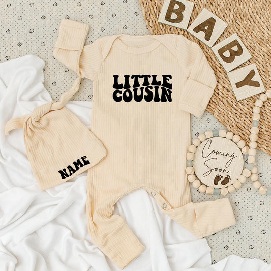 Personalized Little Cousin Baby Bodysuit Hat Set Name New Baby Unisex Gift Soft Cotton Retro Font Going Home Outfit Family Apparel