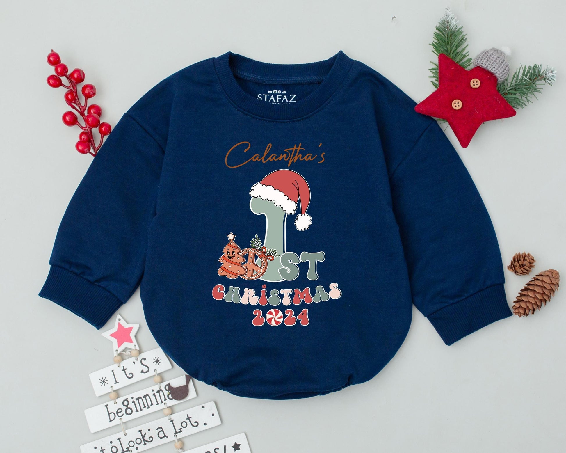 Calantha's First Christmas Romper Personalized 2024 Baby Outfit Retro Holiday Bodysuit, Gingerbread Man, Santa Hat, Fun Infant Clothes, Boy or Girl 138