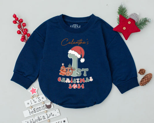 Calantha's First Christmas Romper Personalized 2024 Baby Outfit Retro Holiday Bodysuit, Gingerbread Man, Santa Hat, Fun Infant Clothes, Boy or Girl 138