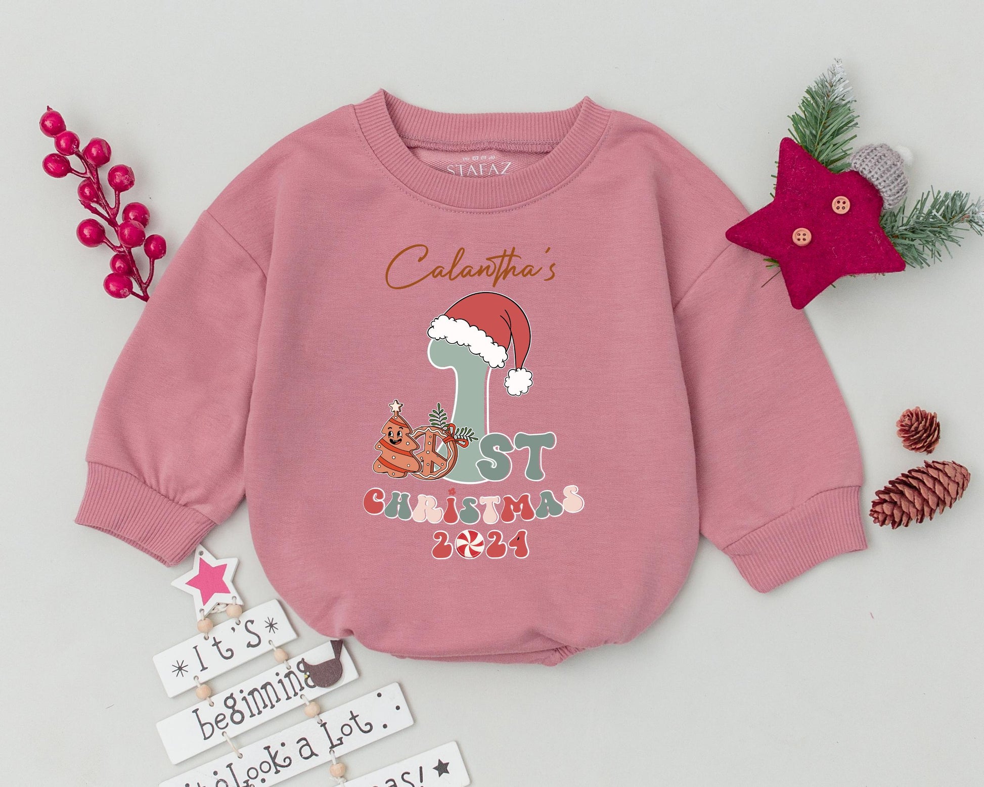 Calantha's First Christmas Romper Personalized 2024 Baby Outfit Retro Holiday Bodysuit, Gingerbread Man, Santa Hat, Fun Infant Clothes, Boy or Girl 138