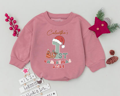 Calantha's First Christmas Romper Personalized 2024 Baby Outfit Retro Holiday Bodysuit, Gingerbread Man, Santa Hat, Fun Infant Clothes, Boy or Girl 138
