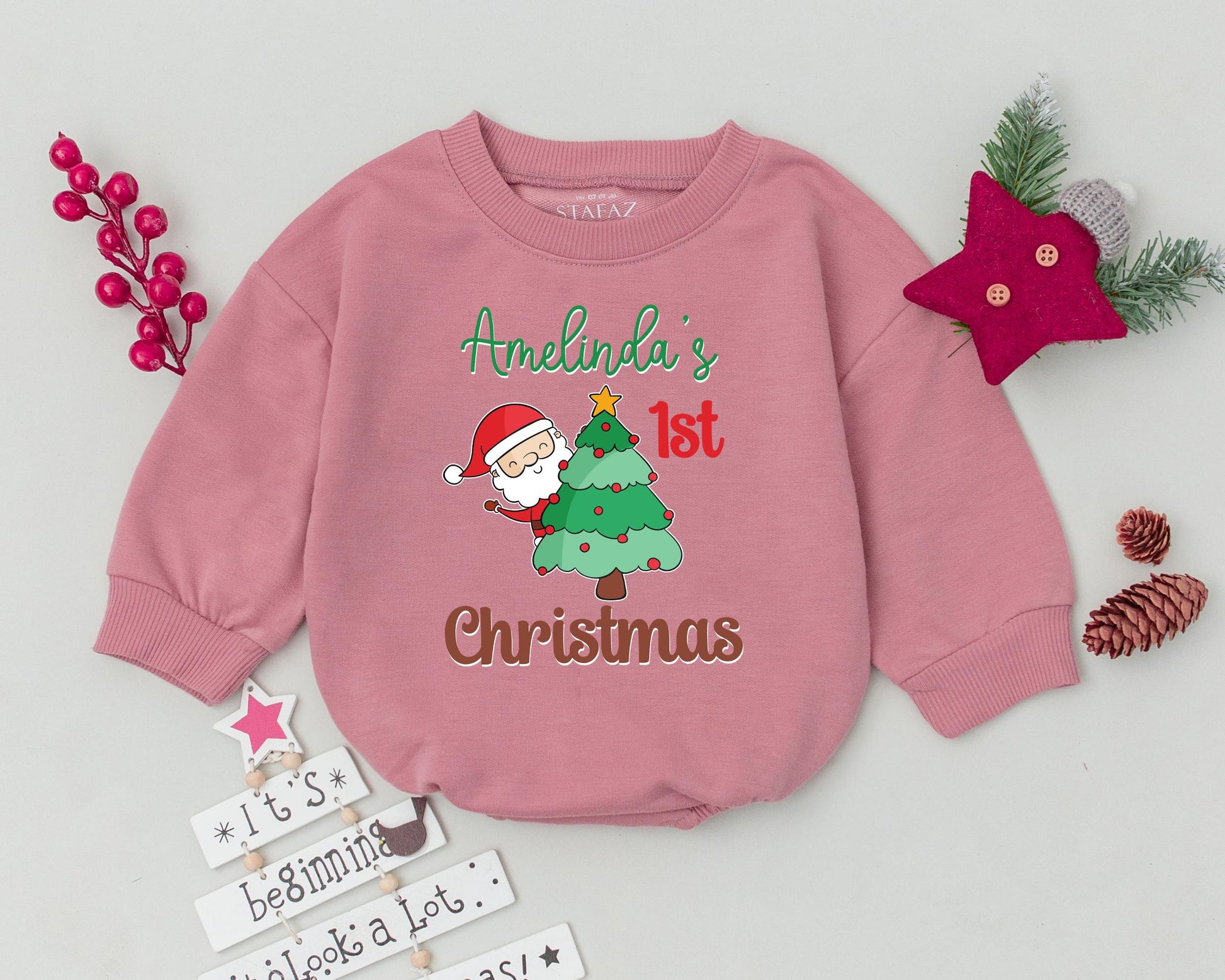Personalized Baby First Christmas Romper Outfit Vintage Santa Claus Toddler Sweatshirt Holiday Bodysuit Custom Name Christmas Tree Baby Clothes Gift (137)
