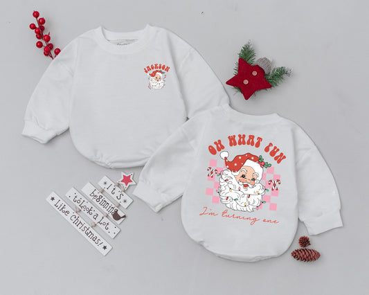 Personalized Vintage Santa Romper "JACKSON" Toddler Sweatshirt, My First Christmas Holiday Bodysuit, Checkerboard Infant Outfit, Christmas Baby Clothes