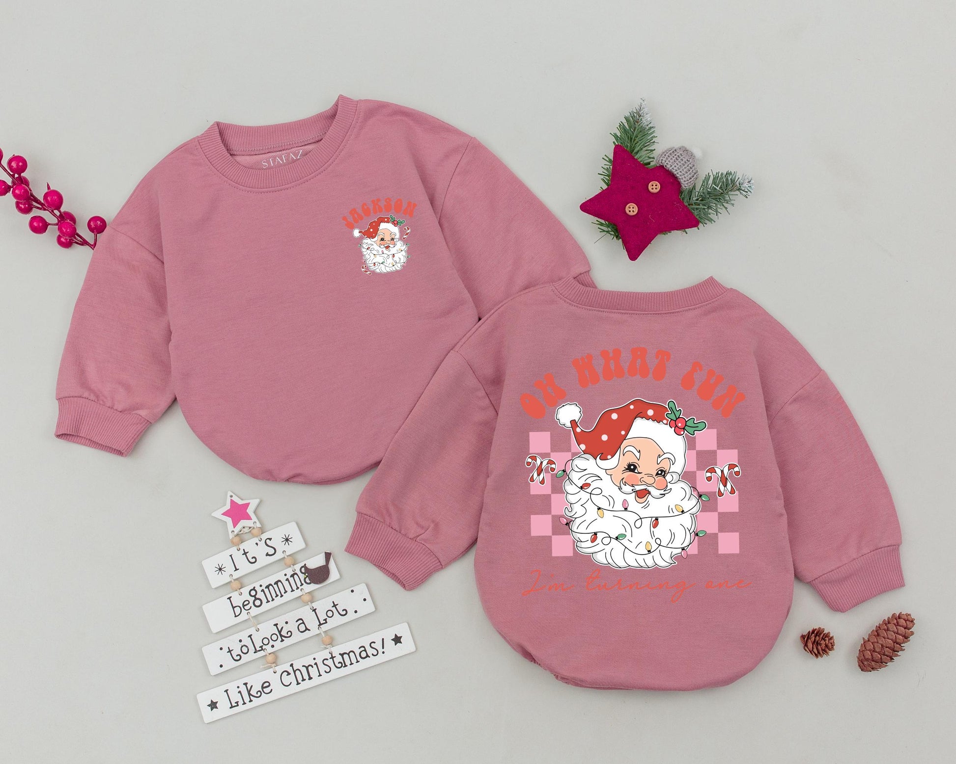 Personalized Vintage Santa Romper "JACKSON" Toddler Sweatshirt, My First Christmas Holiday Bodysuit, Checkerboard Infant Outfit, Christmas Baby Clothes