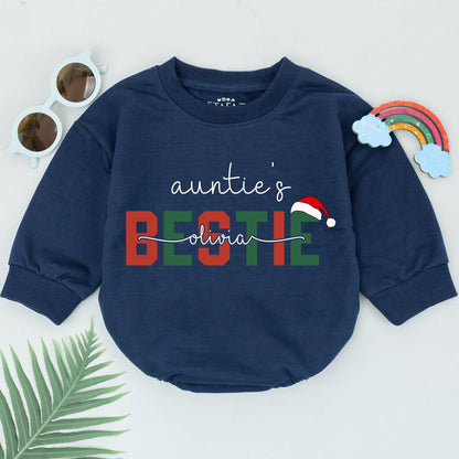 Personalized Auntie's Bestie 1st Christmas Romper: Olivia's Festive Santa Hat Design for Baby Girl, Newborn Outfit, Playful Holiday Gift (139 chars)