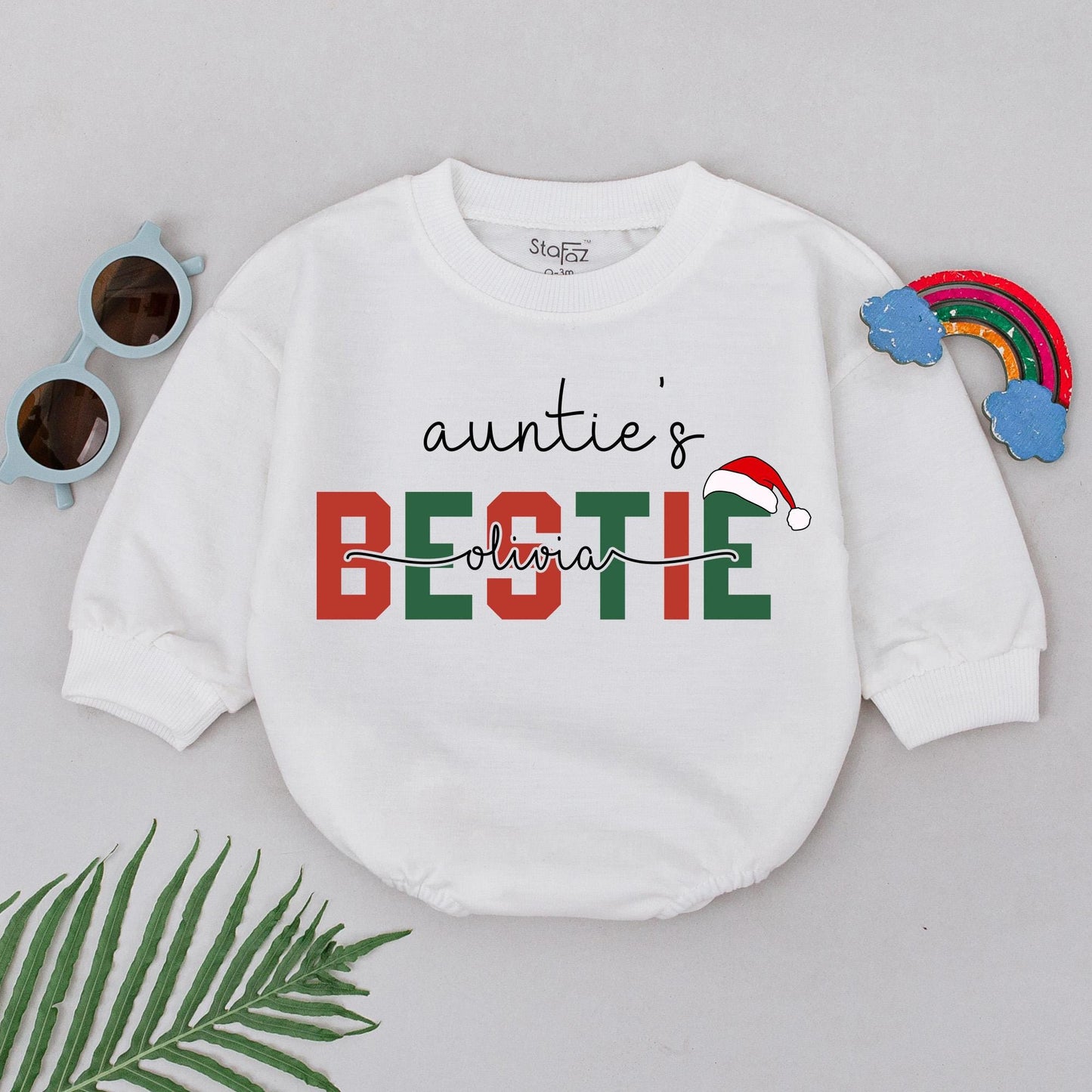 Personalized Auntie's Bestie 1st Christmas Romper: Olivia's Festive Santa Hat Design for Baby Girl, Newborn Outfit, Playful Holiday Gift (139 chars)