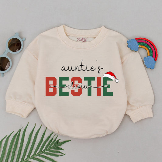 Personalized Auntie's Bestie 1st Christmas Romper: Olivia's Festive Santa Hat Design for Baby Girl, Newborn Outfit, Playful Holiday Gift (139 chars)