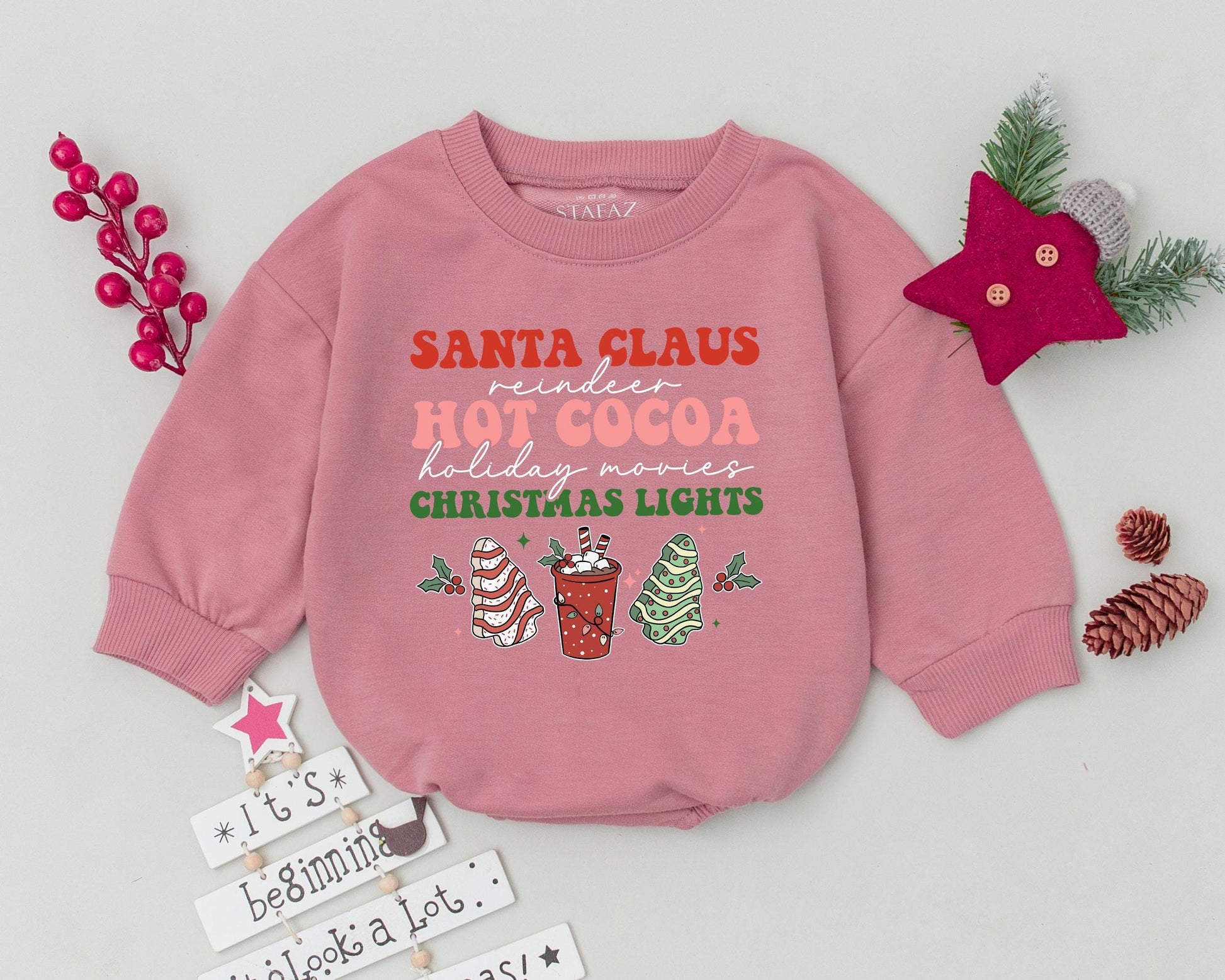 Festive Christmas Baby Romper: Santa, Reindeer, Hot Cocoa & Holiday Lights! Cute Newborn Bodysuit Outfit & Baby Shower Gift Idea, Playful Holiday Style