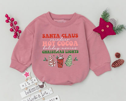 Festive Christmas Baby Romper: Santa, Reindeer, Hot Cocoa & Holiday Lights! Cute Newborn Bodysuit Outfit & Baby Shower Gift Idea, Playful Holiday Style