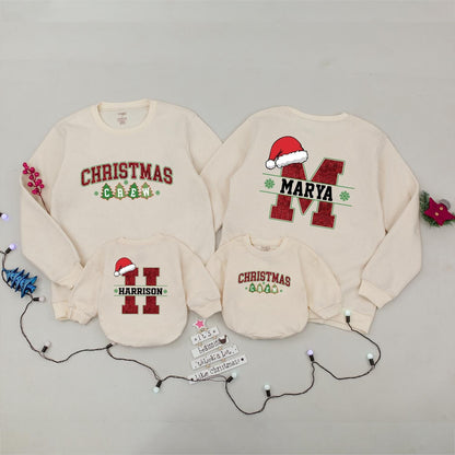 Matching Family Christmas Crew Sweatshirts: Custom Name & Initial Santa Hats, Holiday Red and Green Xmas Sweaters for Baby, Kids, and Adults