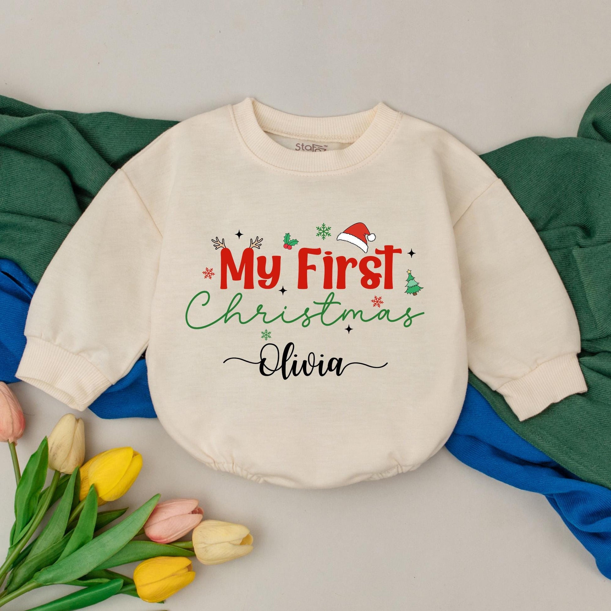My First Christmas Personalized Baby Romper, Olivia's 1st Holiday Outfit, Newborn Girl Gift, Festive Reindeer Antlers Romper, Baby Shower Present (137 chars)