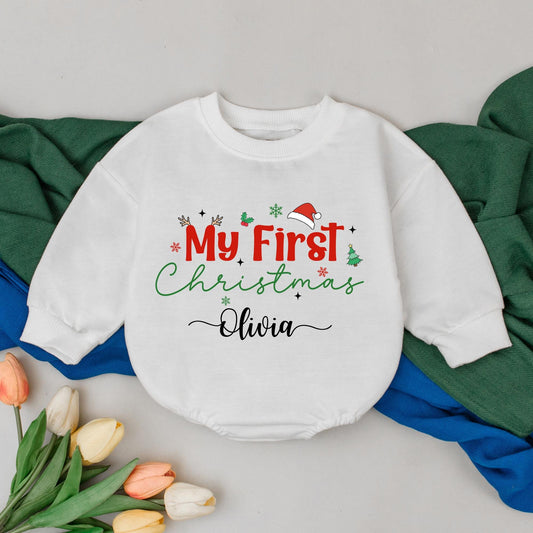My First Christmas Personalized Baby Romper, Olivia's 1st Holiday Outfit, Newborn Girl Gift, Festive Reindeer Antlers Romper, Baby Shower Present (137 chars)