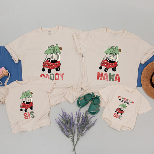 Matching Family Christmas Tractor Shirts: Festive Red Truck with Tree, Daddy Mama Sis, Christmas Crew 2024, Cartoon Holiday Outfit, Xmas Lights