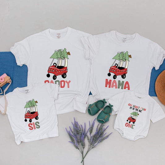 Matching Family Christmas Tractor Shirts: Festive Red Truck with Tree, Daddy Mama Sis, Christmas Crew 2024, Cartoon Holiday Outfit, Xmas Lights